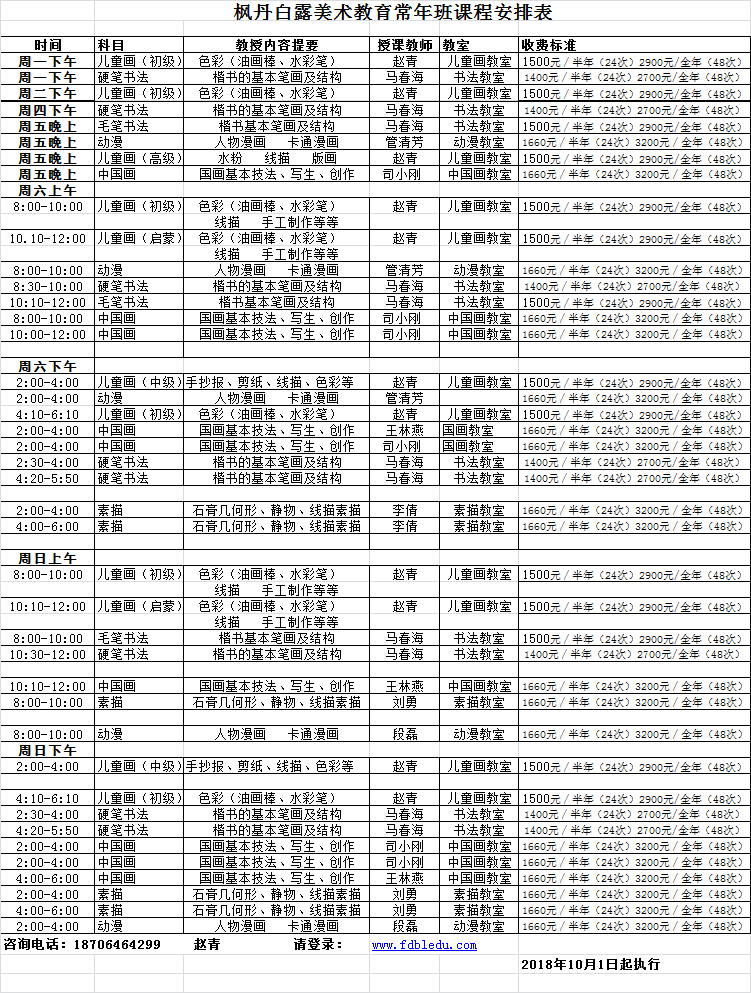 枫丹白露美术教育常年班课程安排(图1)